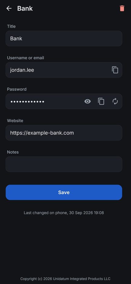 A login in PowerSafe, showing its title, username, password and website