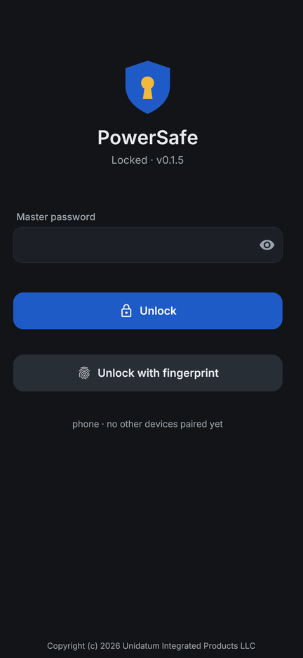 The PowerSafe lock screen, with a master password box and an unlock-with-fingerprint button