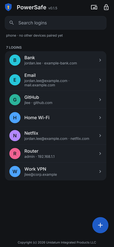 The list of saved logins, with a search box at the top