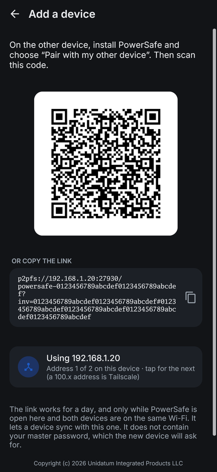 The pairing screen, showing a square code for another device to scan