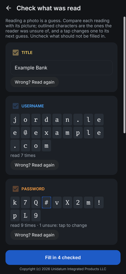 The check screen: each field with a tick box, uncertain characters outlined, and a read-again button
